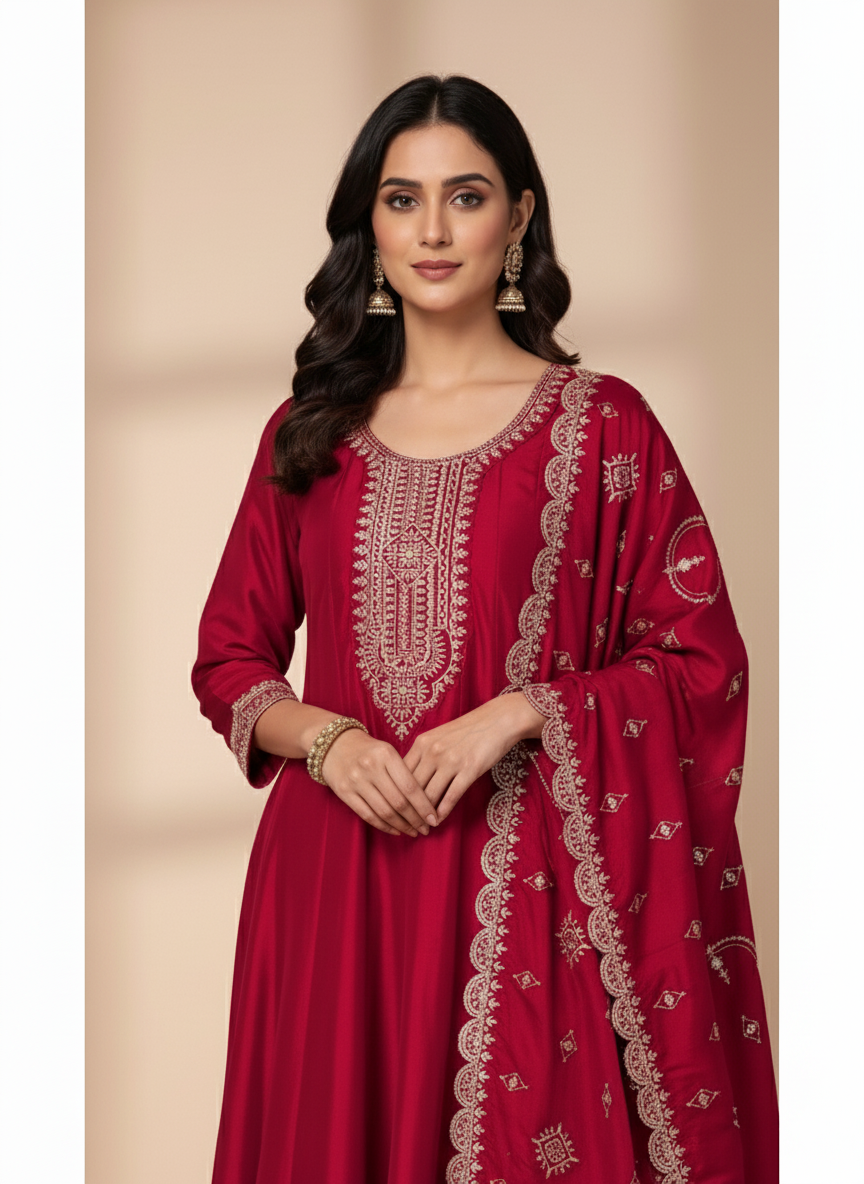 Pure Chinon Zari-work Premium Designer Formal Party Wear Long Frock - Ruby Red