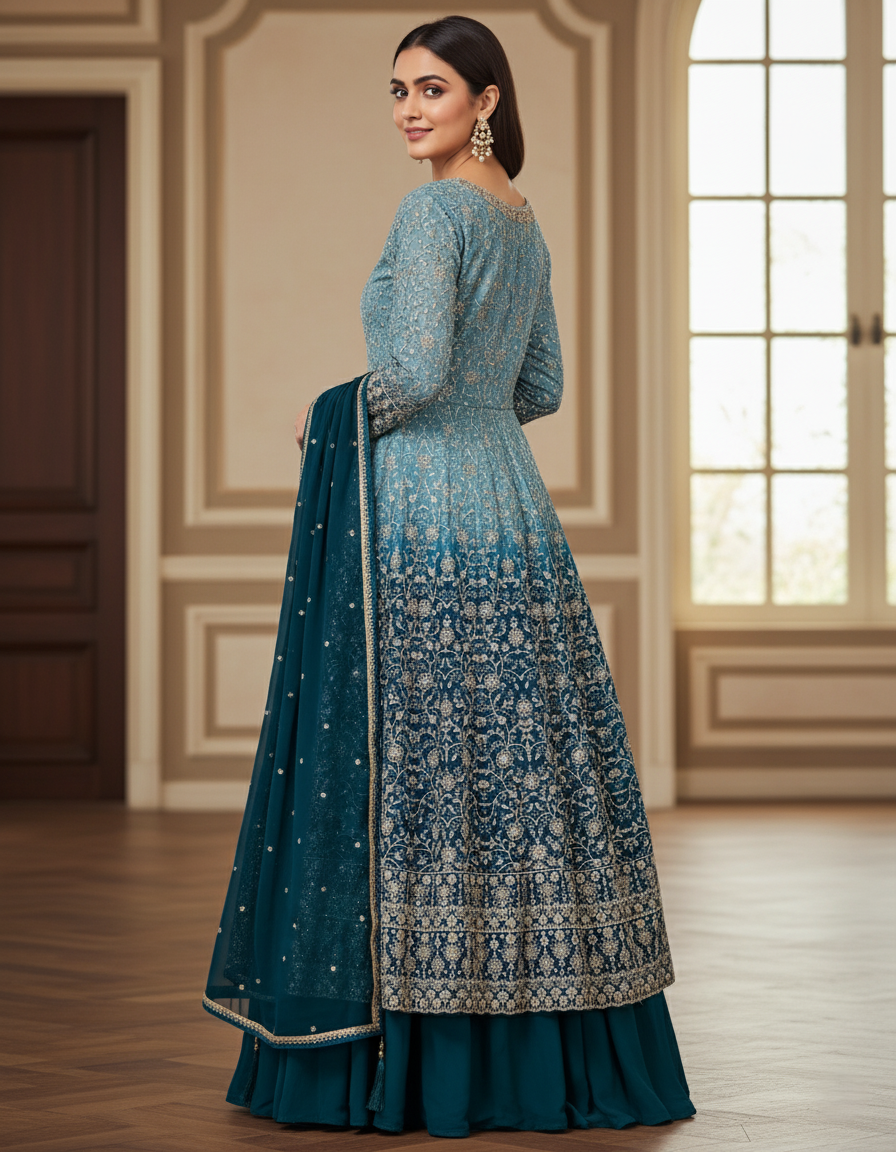 Luxury Georgette Designer Long Frock Sharara Suit, Heavy Zari Work - Blossom Blue