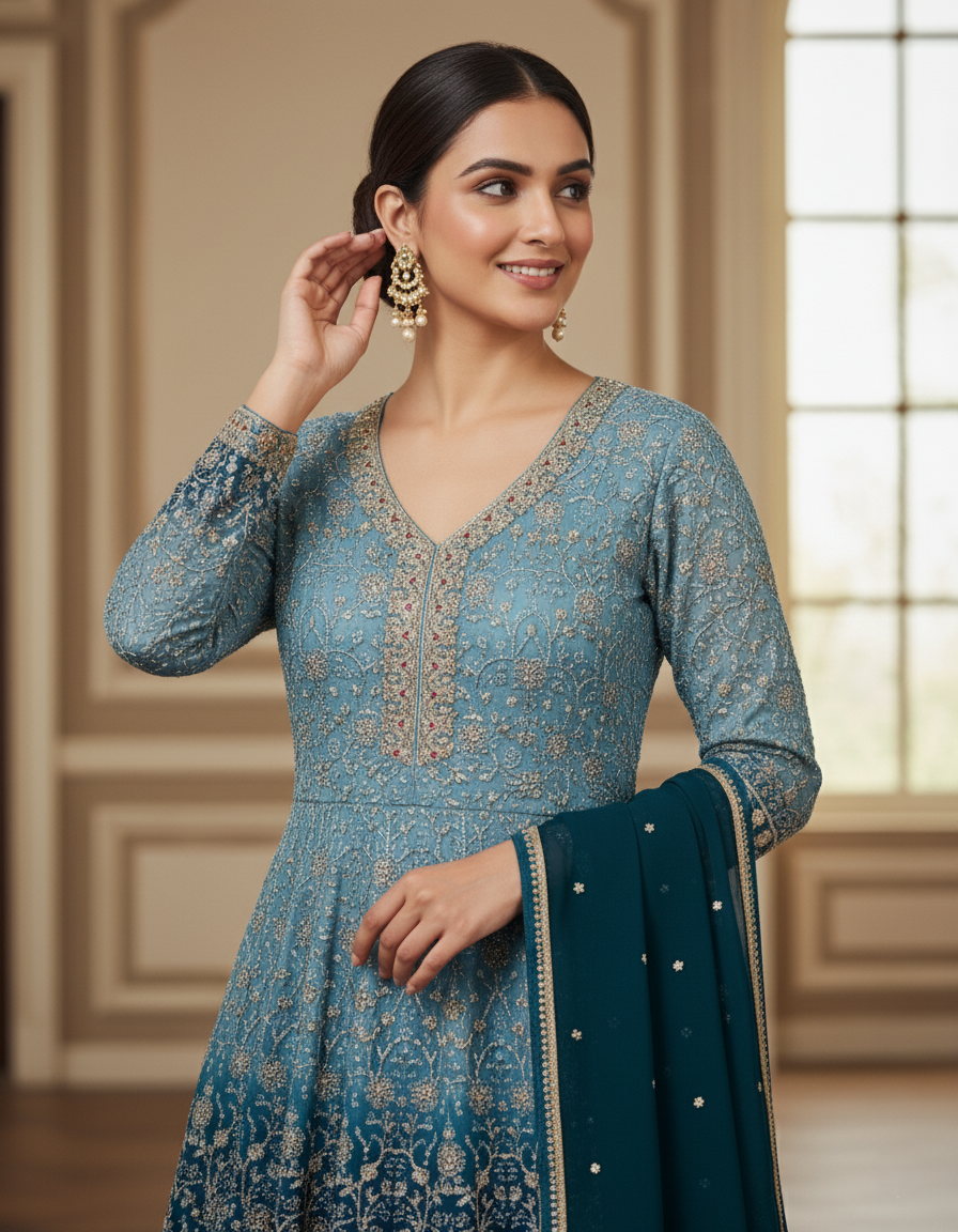 Luxury Georgette Designer Long Frock Sharara Suit, Heavy Zari Work - Blossom Blue