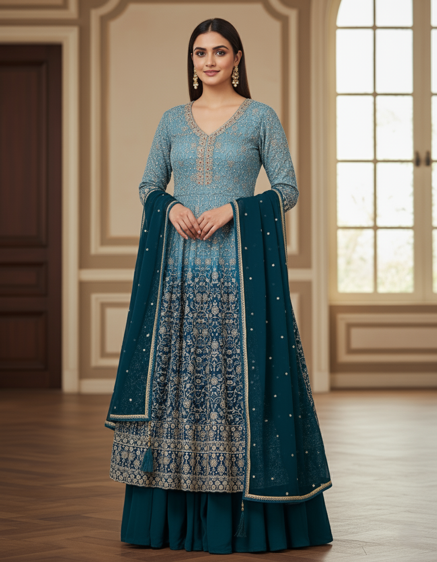 Luxury Georgette Designer Long Frock Sharara Suit, Heavy Zari Work - Blossom Blue
