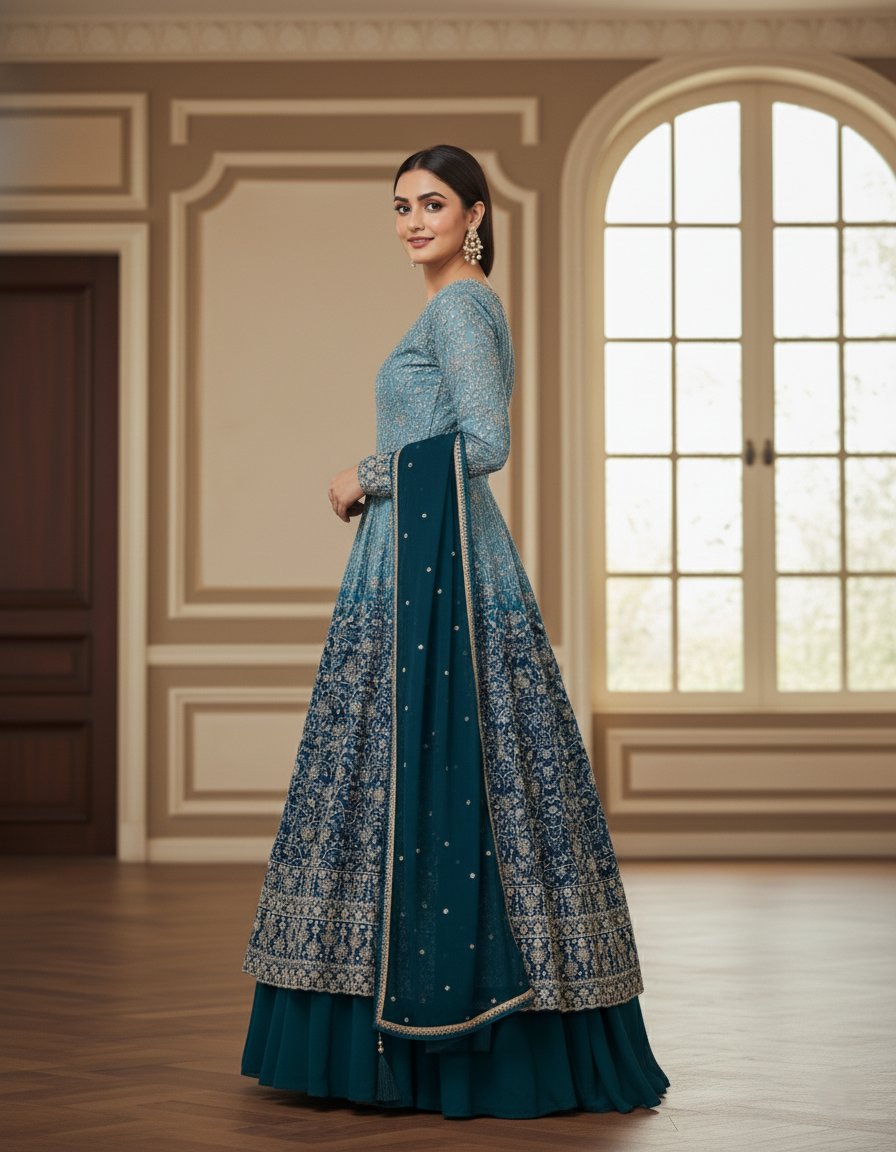Luxury Georgette Designer Long Frock Sharara Suit, Heavy Zari Work - Blossom Blue