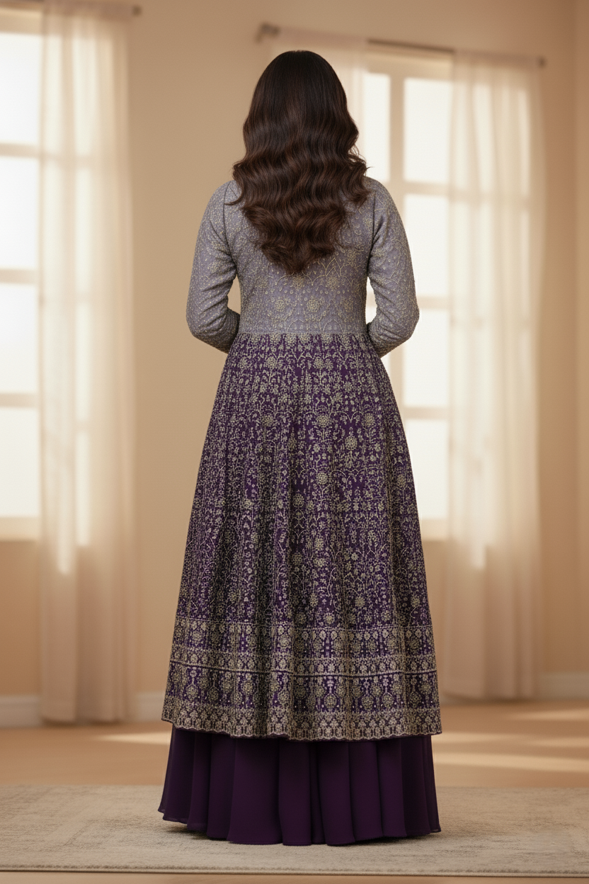 Luxury Georgette Designer Long Frock Sharara Suit, Heavy Zari Work - Majestic Purple