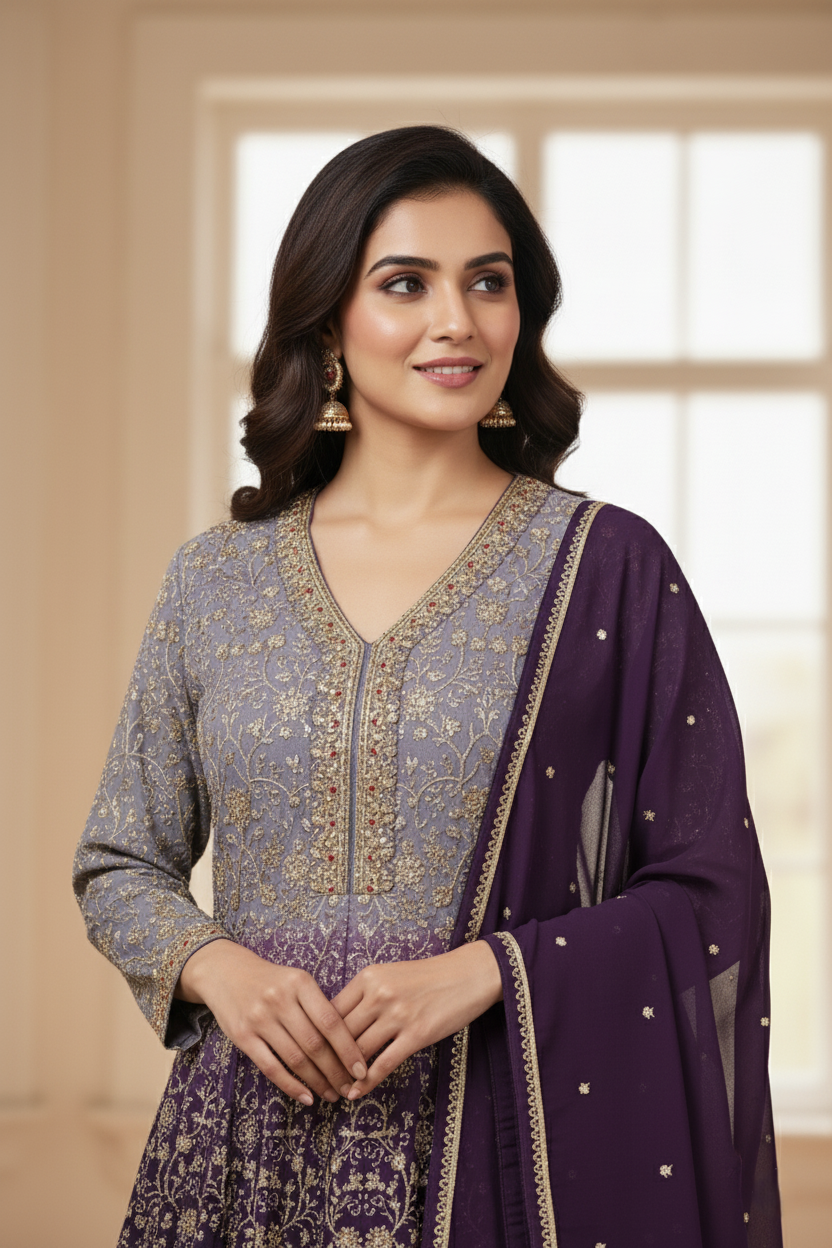 Luxury Georgette Designer Long Frock Sharara Suit, Heavy Zari Work - Majestic Purple