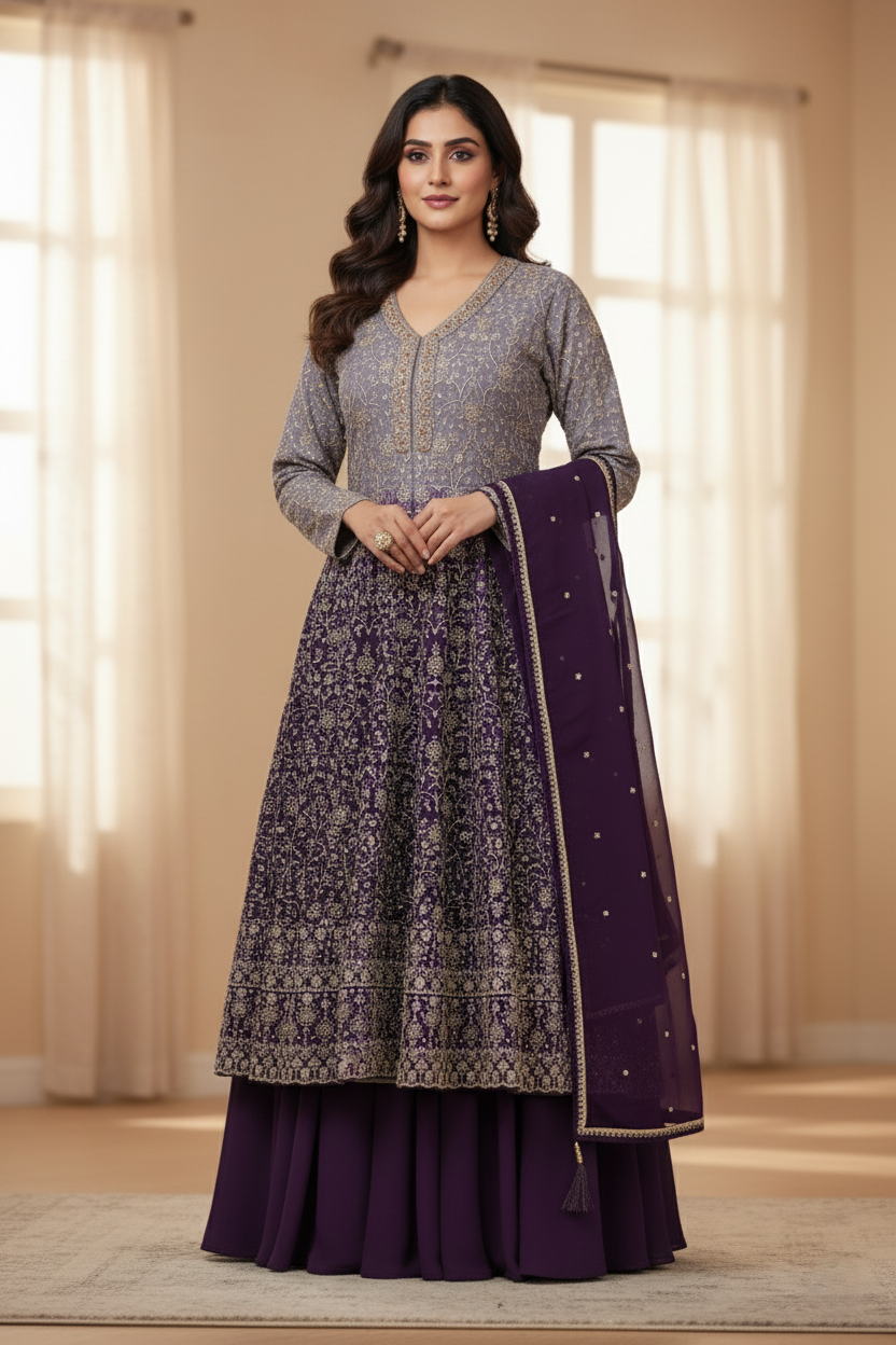 Luxury Georgette Designer Long Frock Sharara Suit, Heavy Zari Work - Majestic Purple