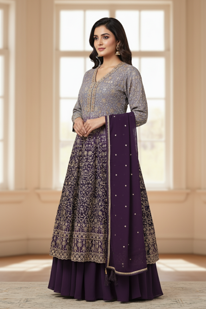 Luxury Georgette Designer Long Frock Sharara Suit, Heavy Zari Work - Majestic Purple