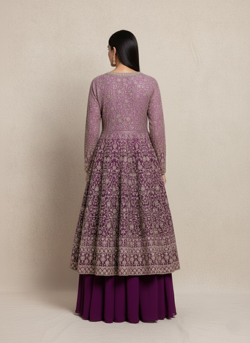 Luxury Georgette Designer Long Frock Sharara Suit, Heavy Zari Work - Royal Pink