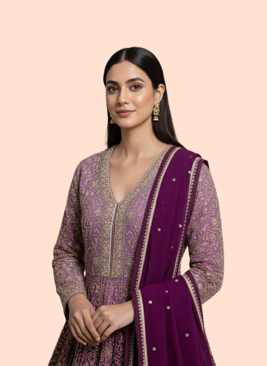Luxury Georgette Designer Long Frock Sharara Suit, Heavy Zari Work - Royal Pink