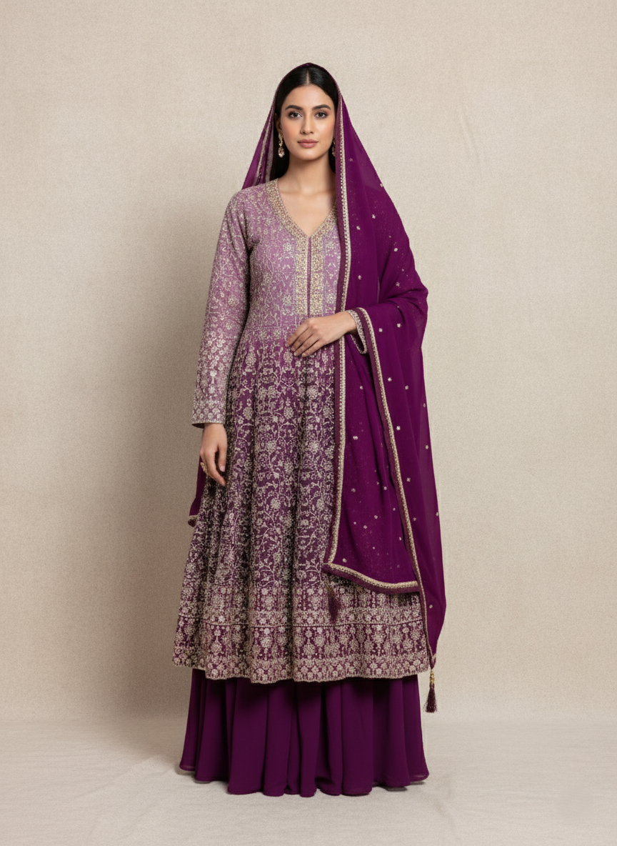 Luxury Georgette Designer Long Frock Sharara Suit, Heavy Zari Work - Royal Pink