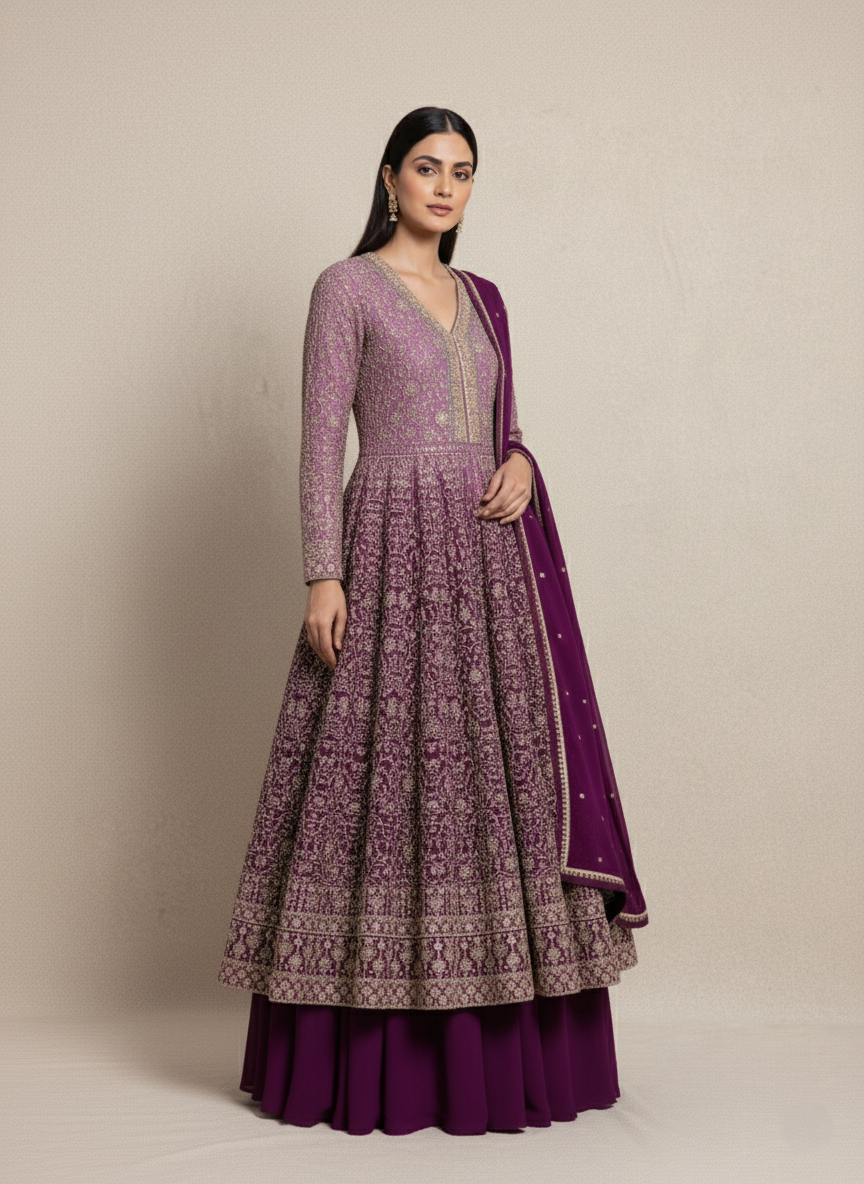 Luxury Georgette Designer Long Frock Sharara Suit, Heavy Zari Work - Royal Pink