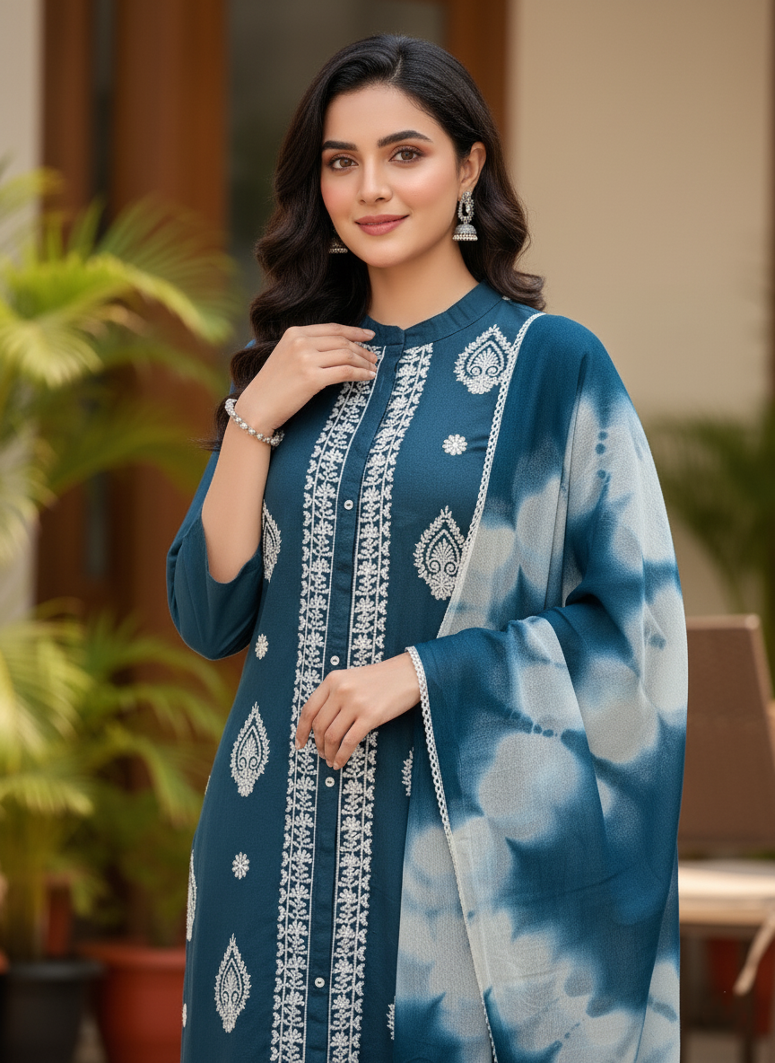 Premium Rayon Lawn Cotton Lucknowi Chikan-Kari Suit, Tie-Dye Dupatta - Peacock Blue