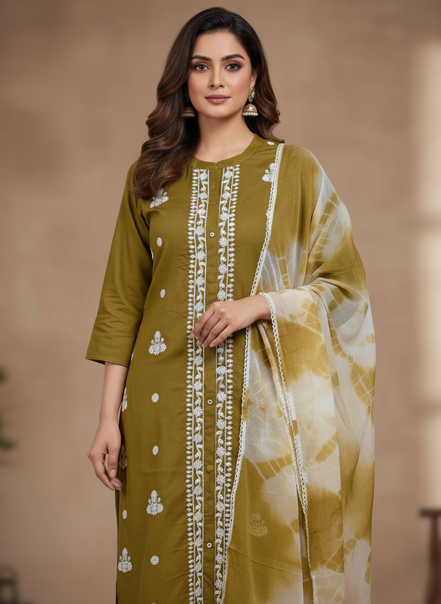 Premium Rayon Lawn Cotton Lucknowi Chikan-Kari Suit, Tie-Dye Dupatta - Mustard Brown