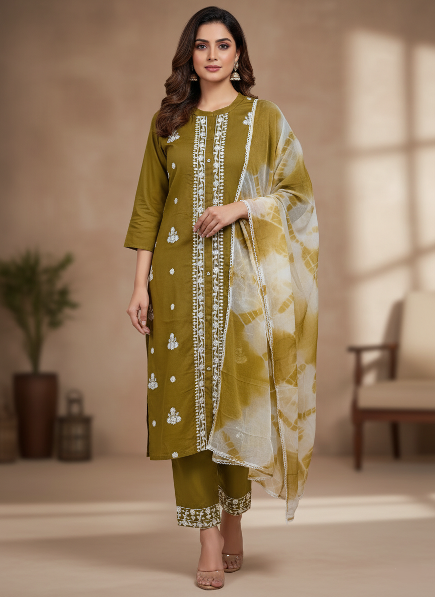 Premium Rayon Lawn Cotton Lucknowi Chikan-Kari Suit, Tie-Dye Dupatta - Mustard Brown