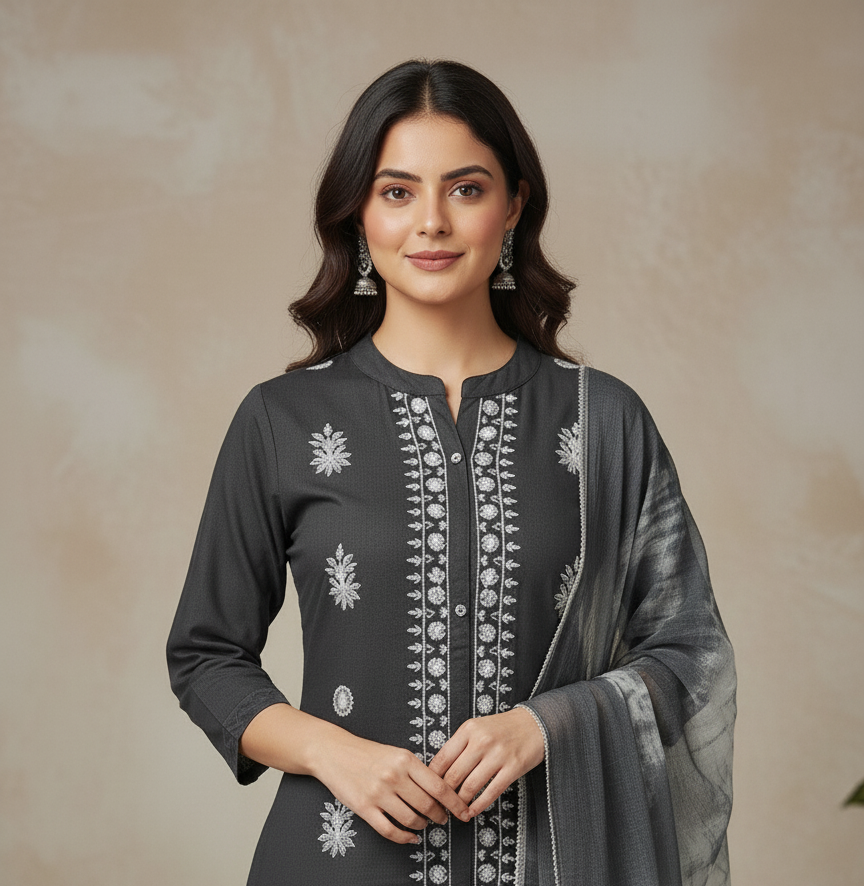 Premium Rayon Lawn Cotton Lucknowi Chikan-Kari Suit, Tie-Dye Dupatta - Grey