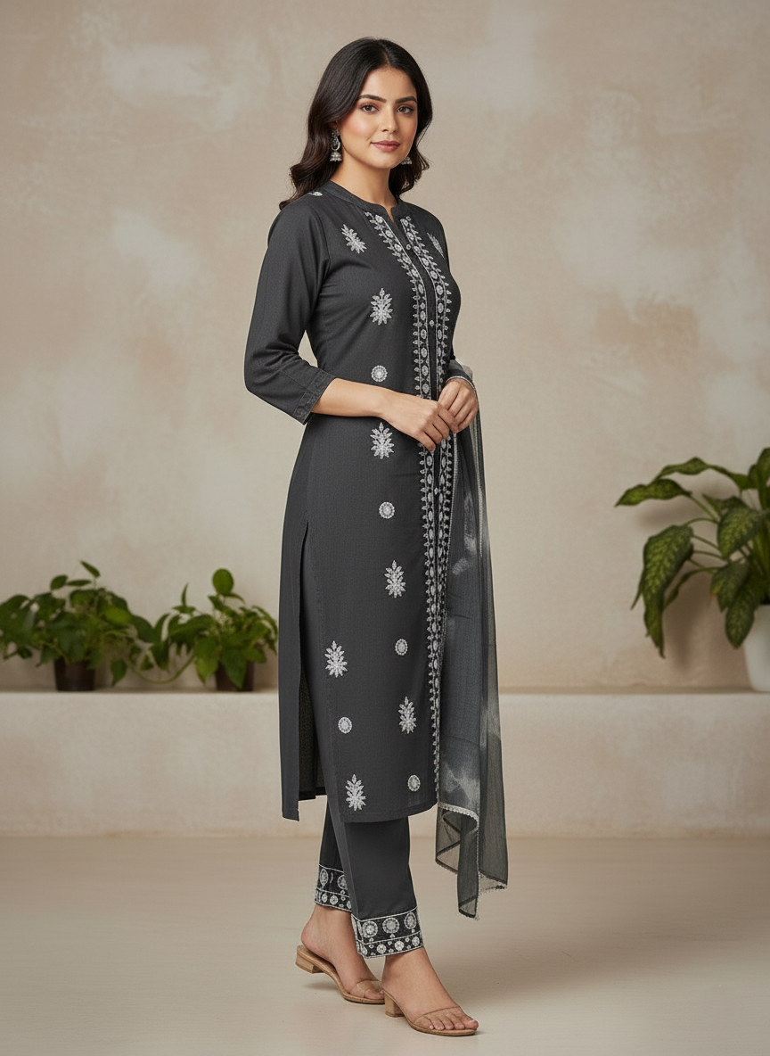 Premium Rayon Lawn Cotton Lucknowi Chikan-Kari Suit, Tie-Dye Dupatta - Grey