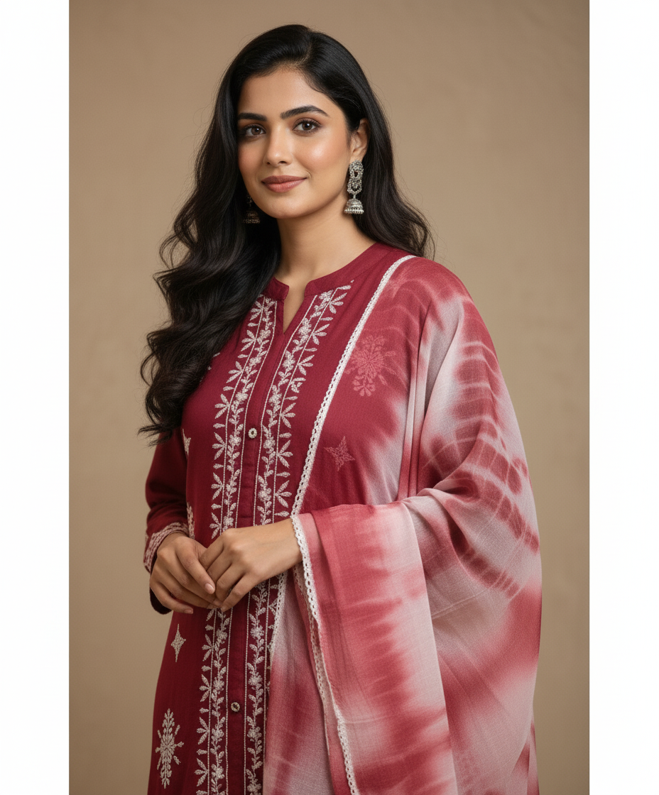 Premium Rayon Lawn Cotton Lucknowi Chikan-Kari Suit, Tie-Dye Dupatta - Maroon