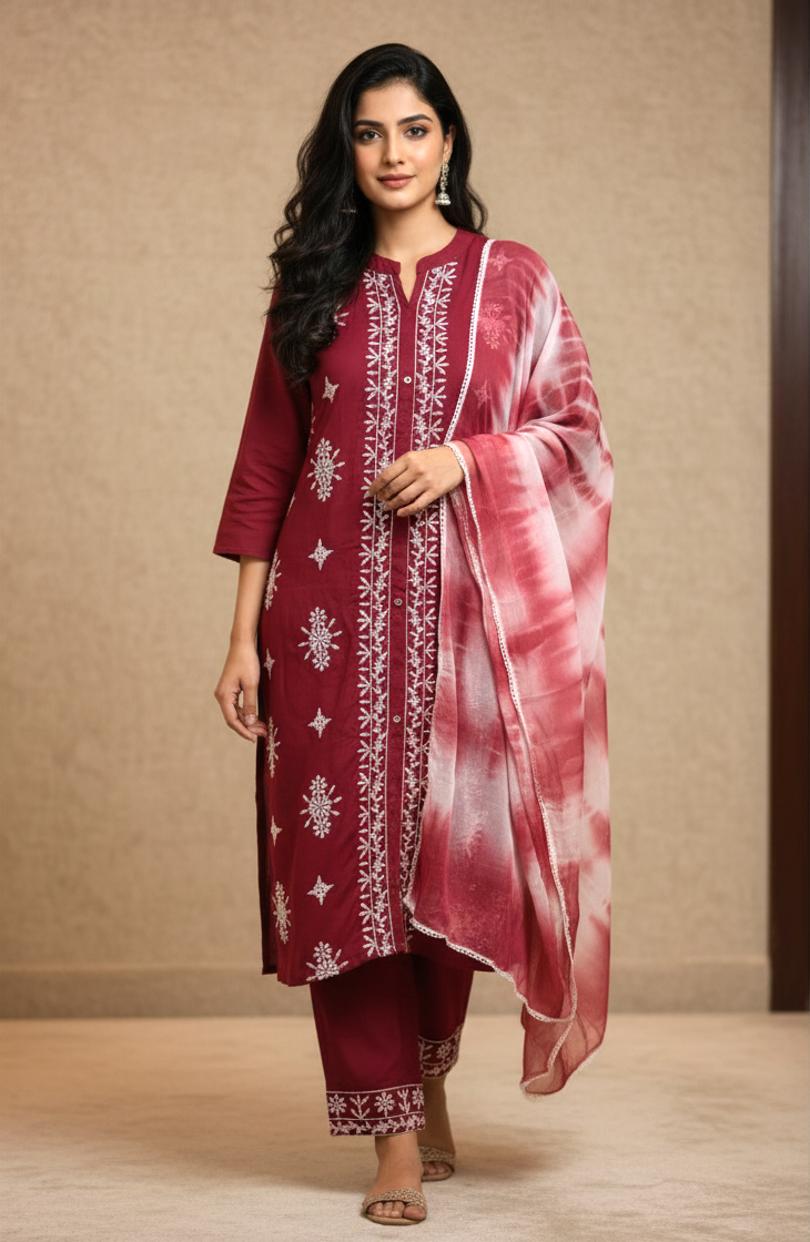 Premium Rayon Lawn Cotton Lucknowi Chikan-Kari Suit, Tie-Dye Dupatta - Maroon