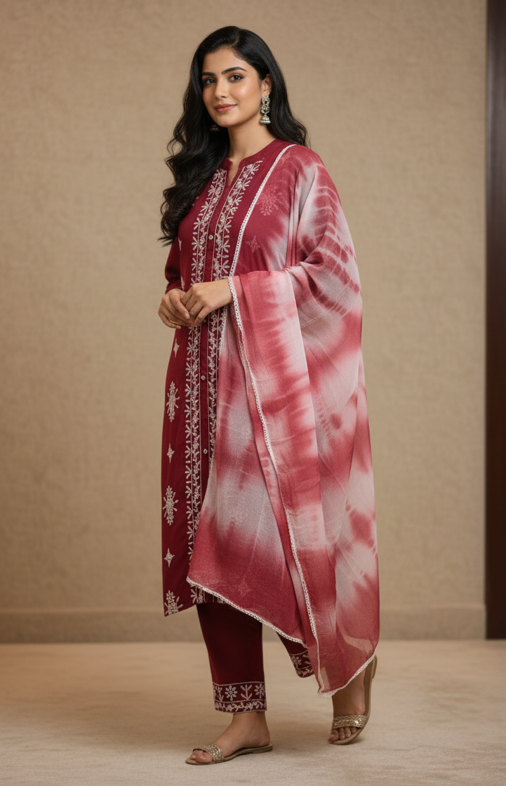 Premium Rayon Lawn Cotton Lucknowi Chikan-Kari Suit, Tie-Dye Dupatta - Maroon