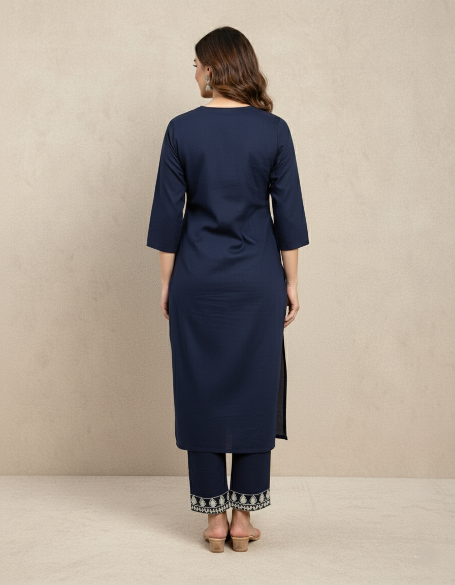 Premium Rayon Lawn Cotton Lucknowi Chikan-Kari Suit, Tie-Dye Dupatta - Navy Blue