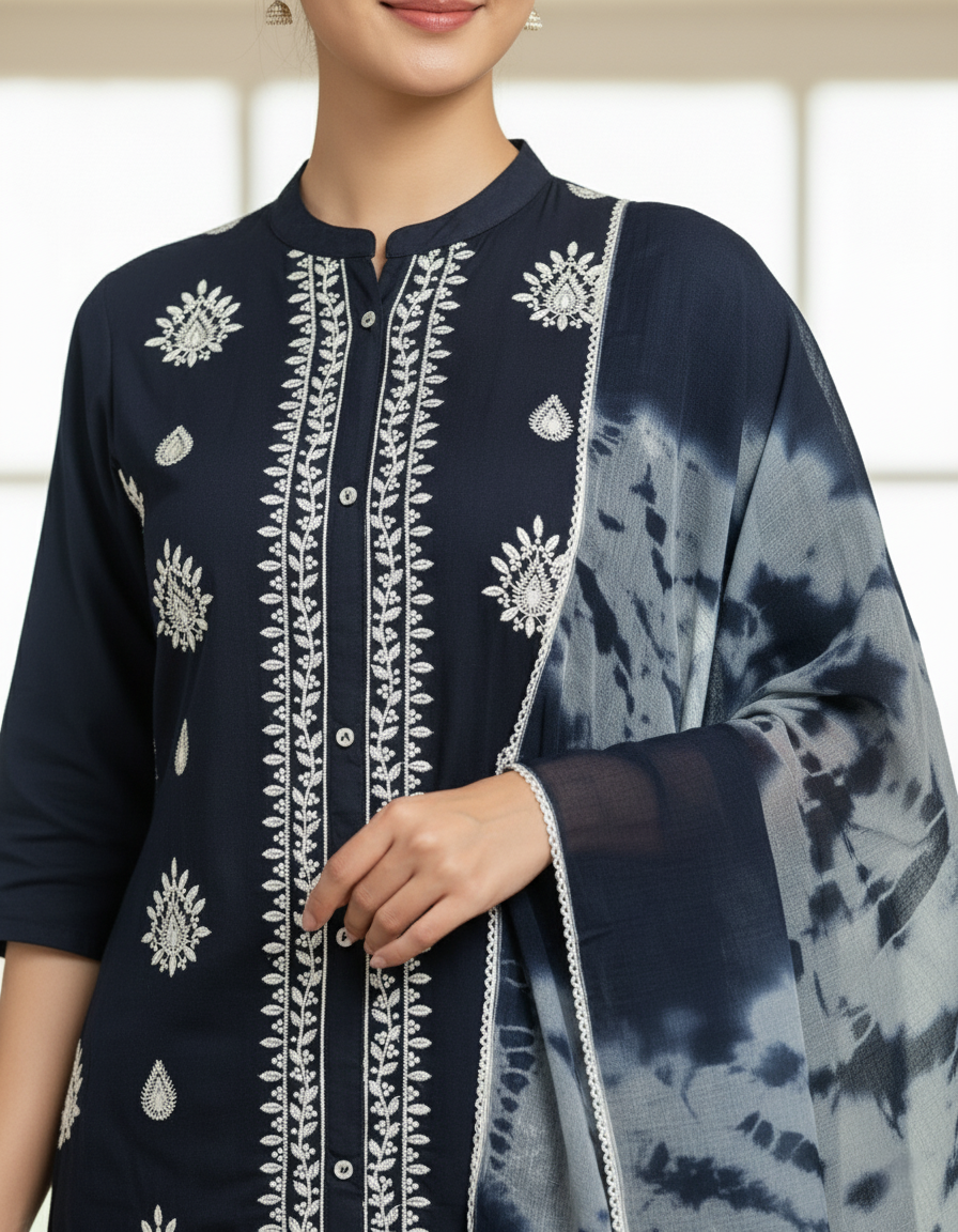 Premium Rayon Lawn Cotton Lucknowi Chikan-Kari Suit, Tie-Dye Dupatta - Navy Blue
