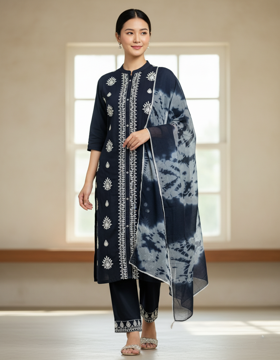 Premium Rayon Lawn Cotton Lucknowi Chikan-Kari Suit, Tie-Dye Dupatta - Navy Blue