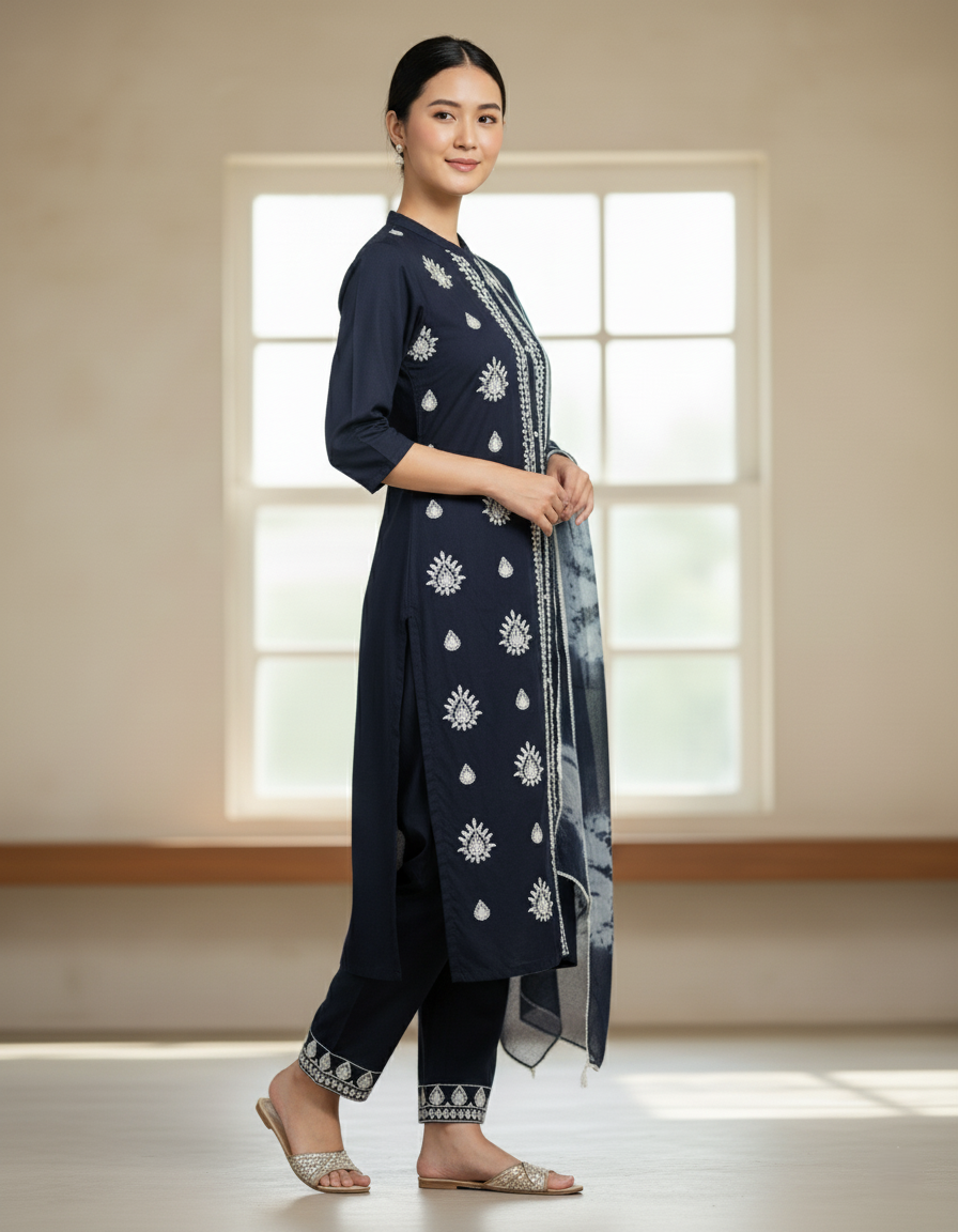Premium Rayon Lawn Cotton Lucknowi Chikan-Kari Suit, Tie-Dye Dupatta - Navy Blue