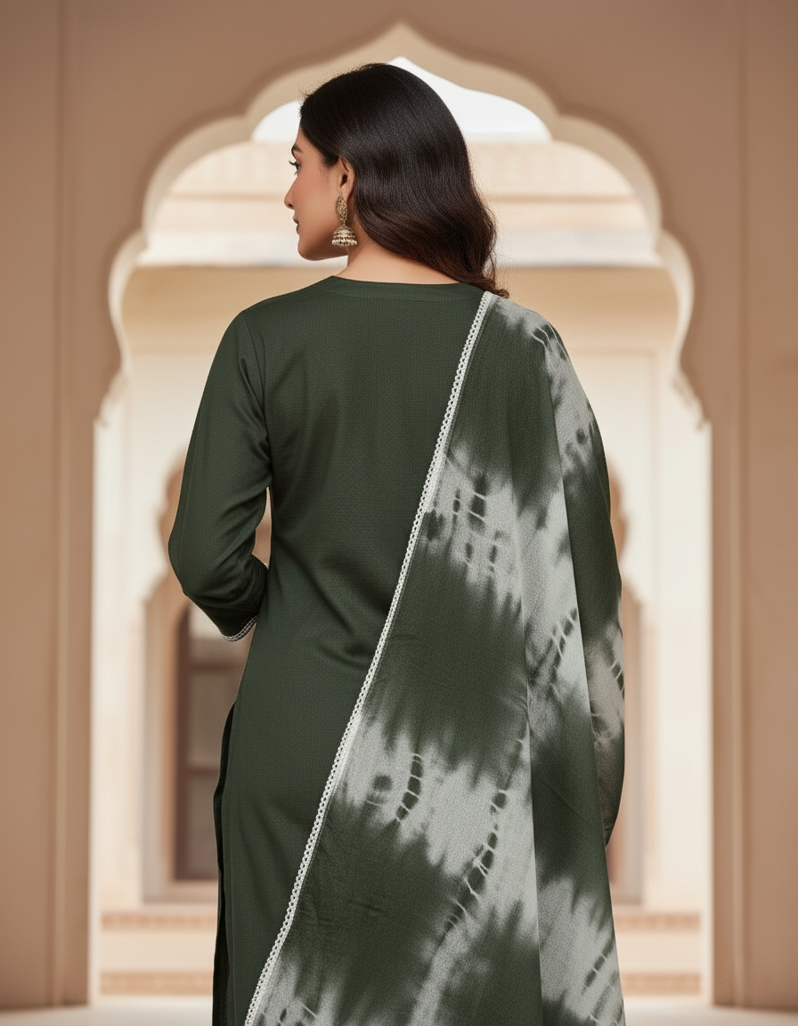 Premium Rayon Lawn Cotton Lucknowi Chikan-Kari Suit, Tie-Dye Dupatta - Olive