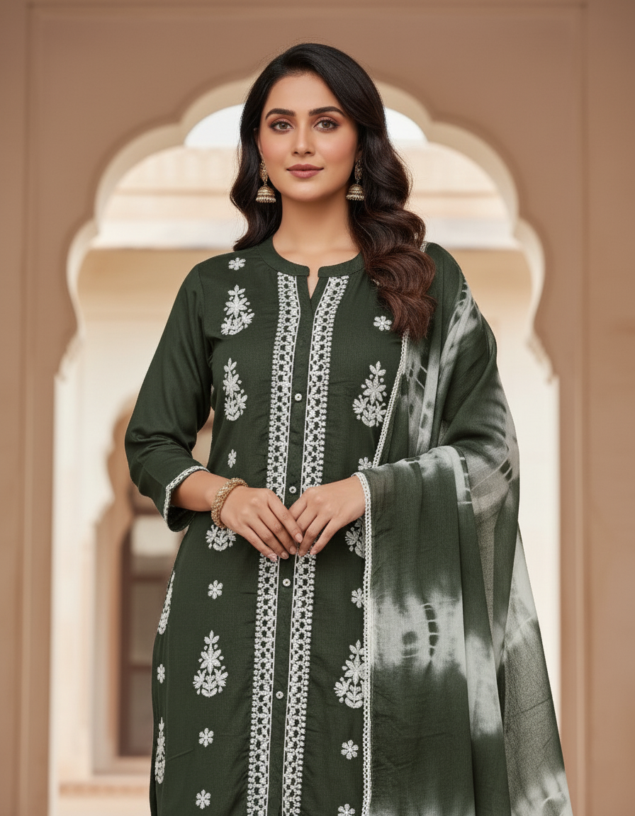 Premium Rayon Lawn Cotton Lucknowi Chikan-Kari Suit, Tie-Dye Dupatta - Olive