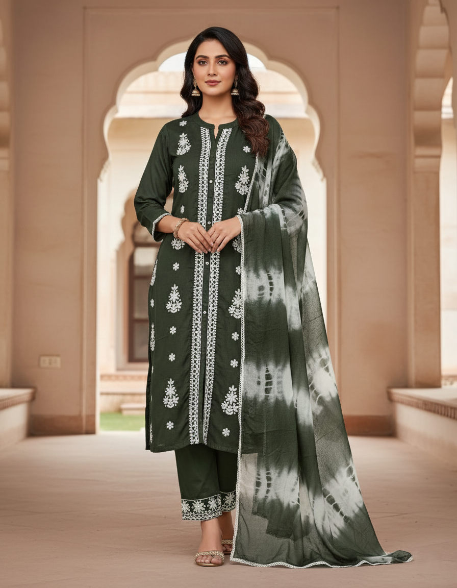 Premium Rayon Lawn Cotton Lucknowi Chikan-Kari Suit, Tie-Dye Dupatta - Olive