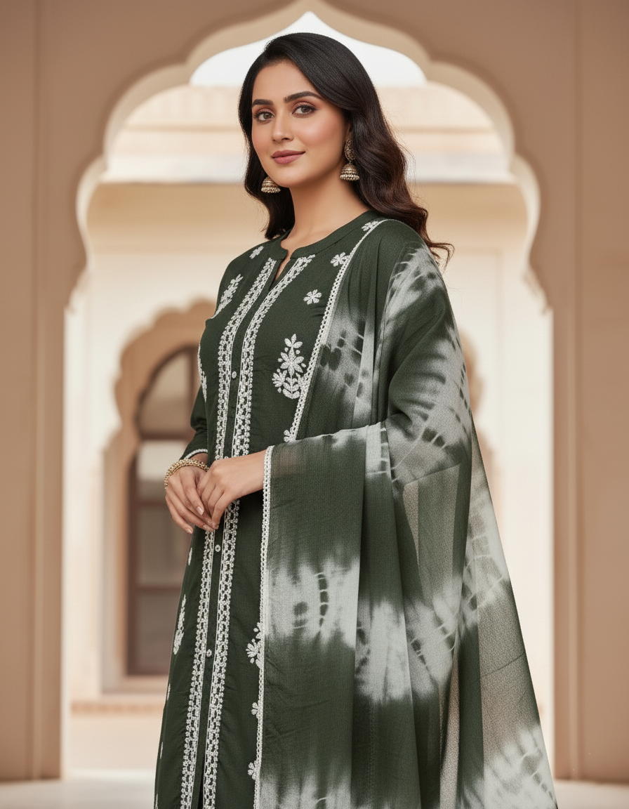 Premium Rayon Lawn Cotton Lucknowi Chikan-Kari Suit, Tie-Dye Dupatta - Olive