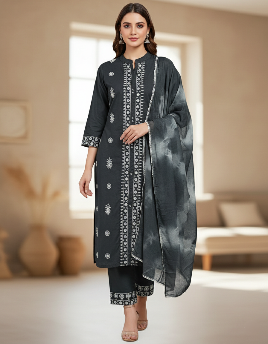 Premium Rayon Lawn Cotton Lucknowi Chikan-Kari Suit, Tie-Dye Dupatta - Grey