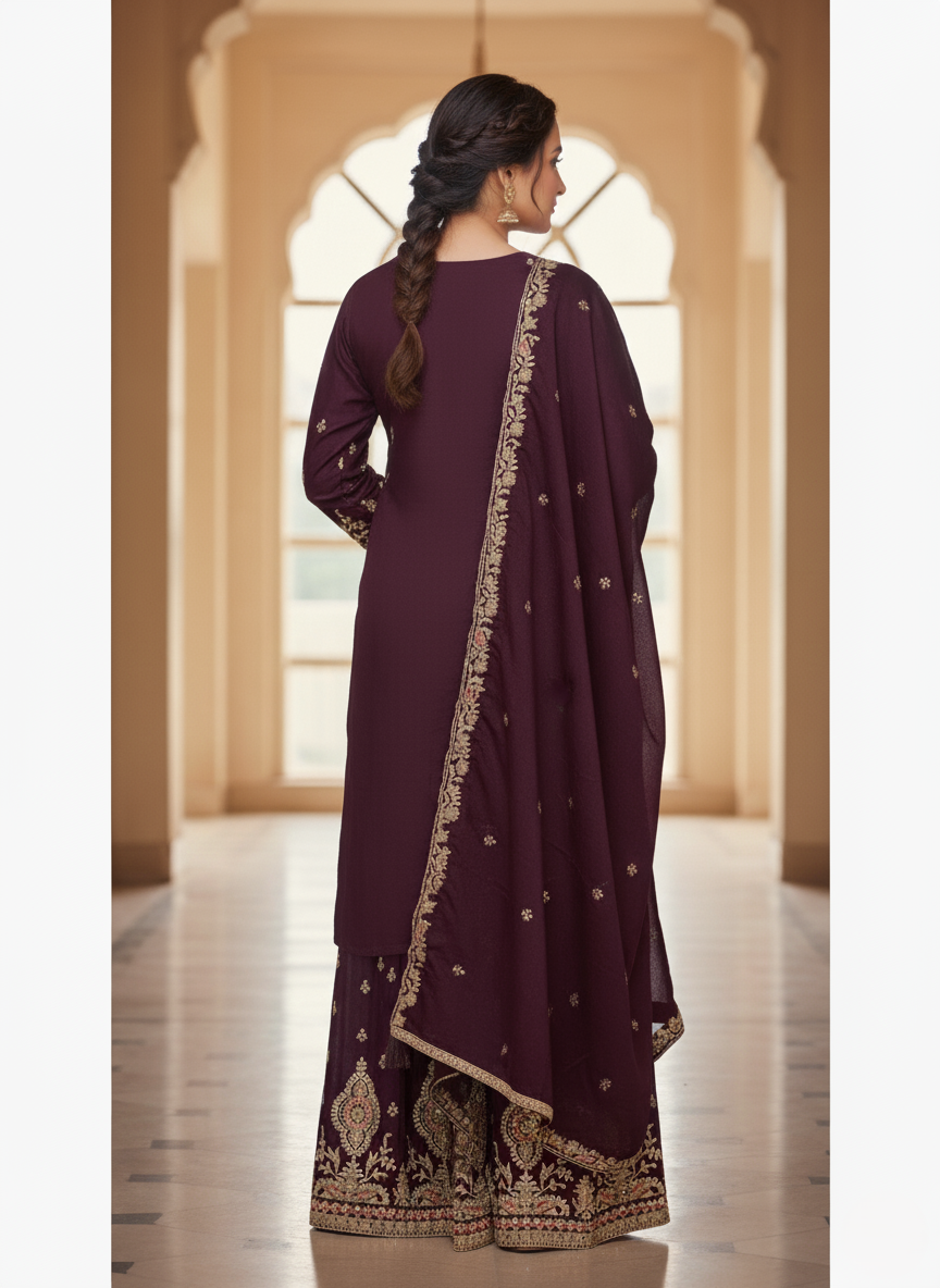 Premium Banarasi Georgette Designer Palazzo Suit, Heavy Zari Embroidery - Burgundy