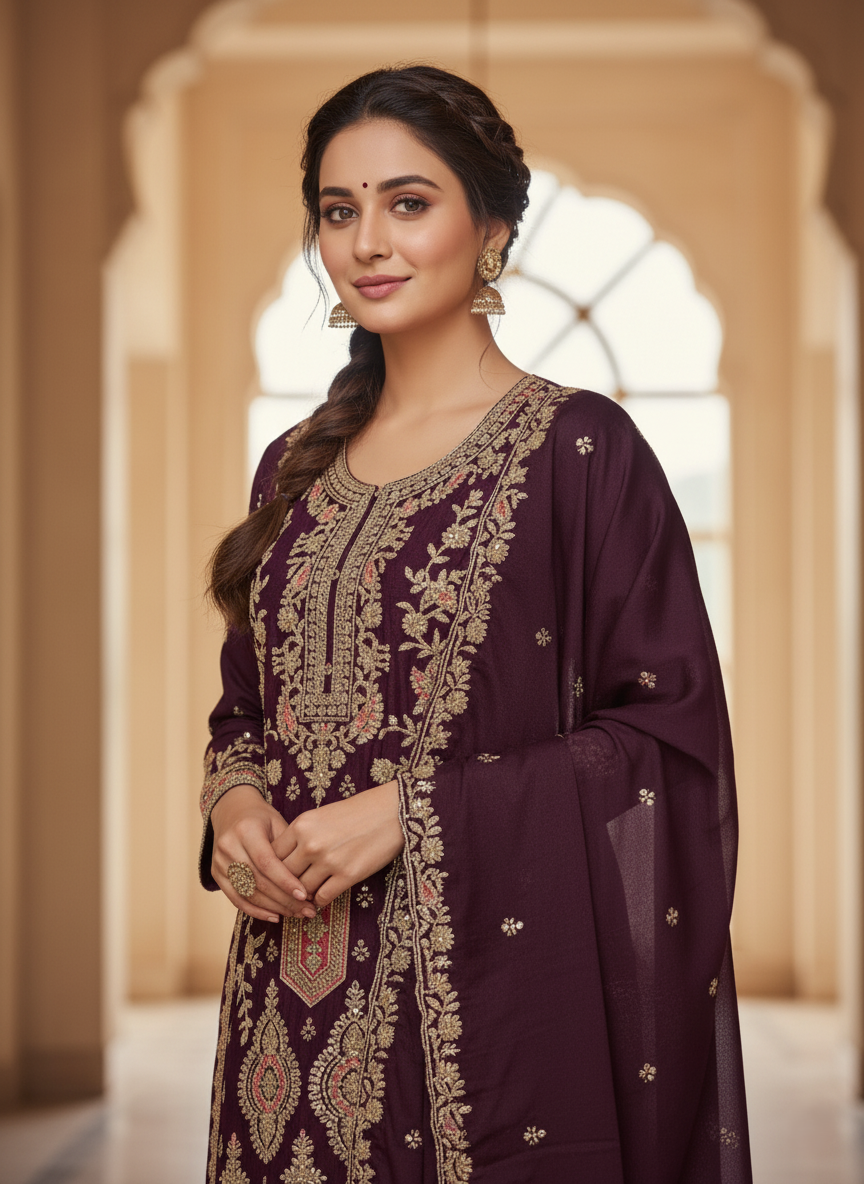 Premium Banarasi Georgette Designer Palazzo Suit, Heavy Zari Embroidery - Burgundy