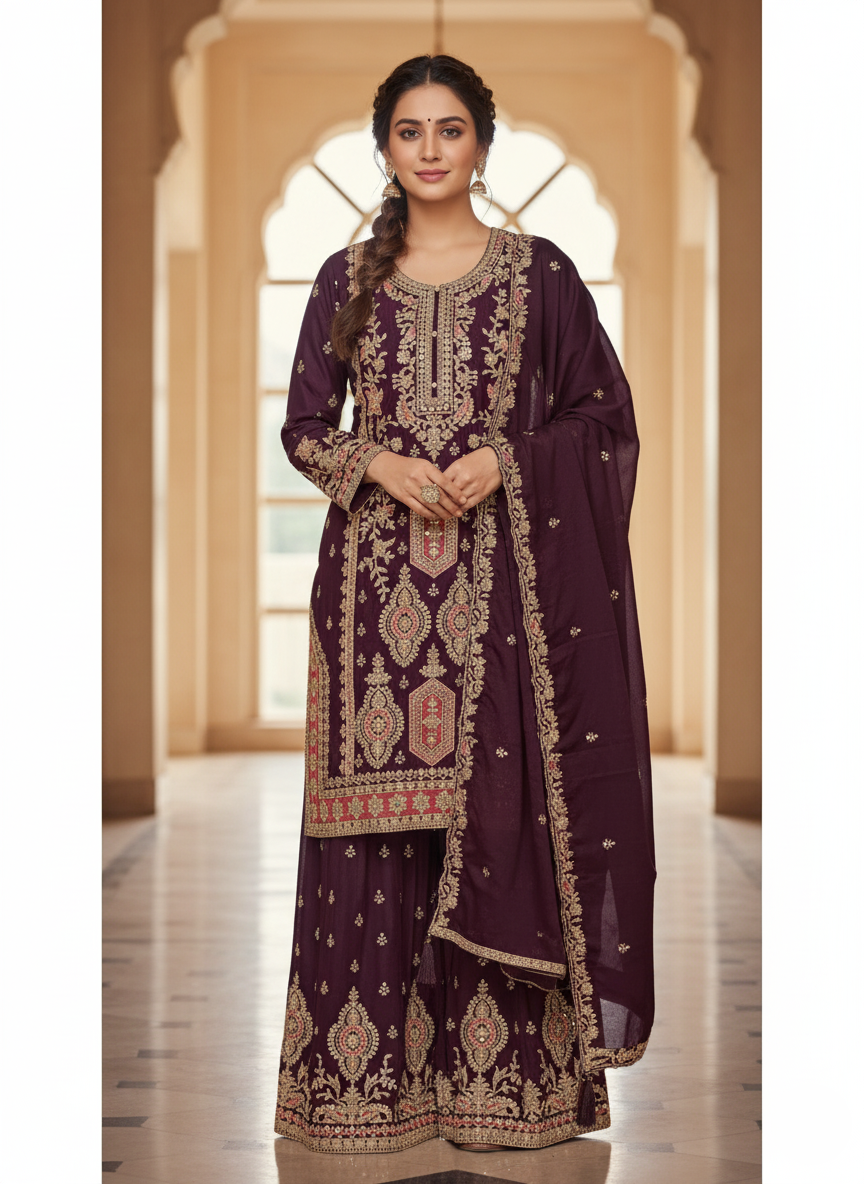 Premium Banarasi Georgette Designer Palazzo Suit, Heavy Zari Embroidery - Burgundy