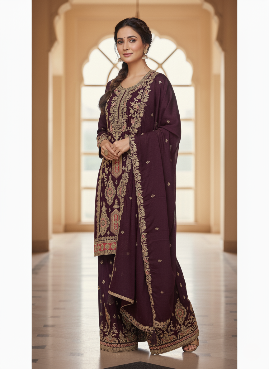Premium Banarasi Georgette Designer Palazzo Suit, Heavy Zari Embroidery - Burgundy
