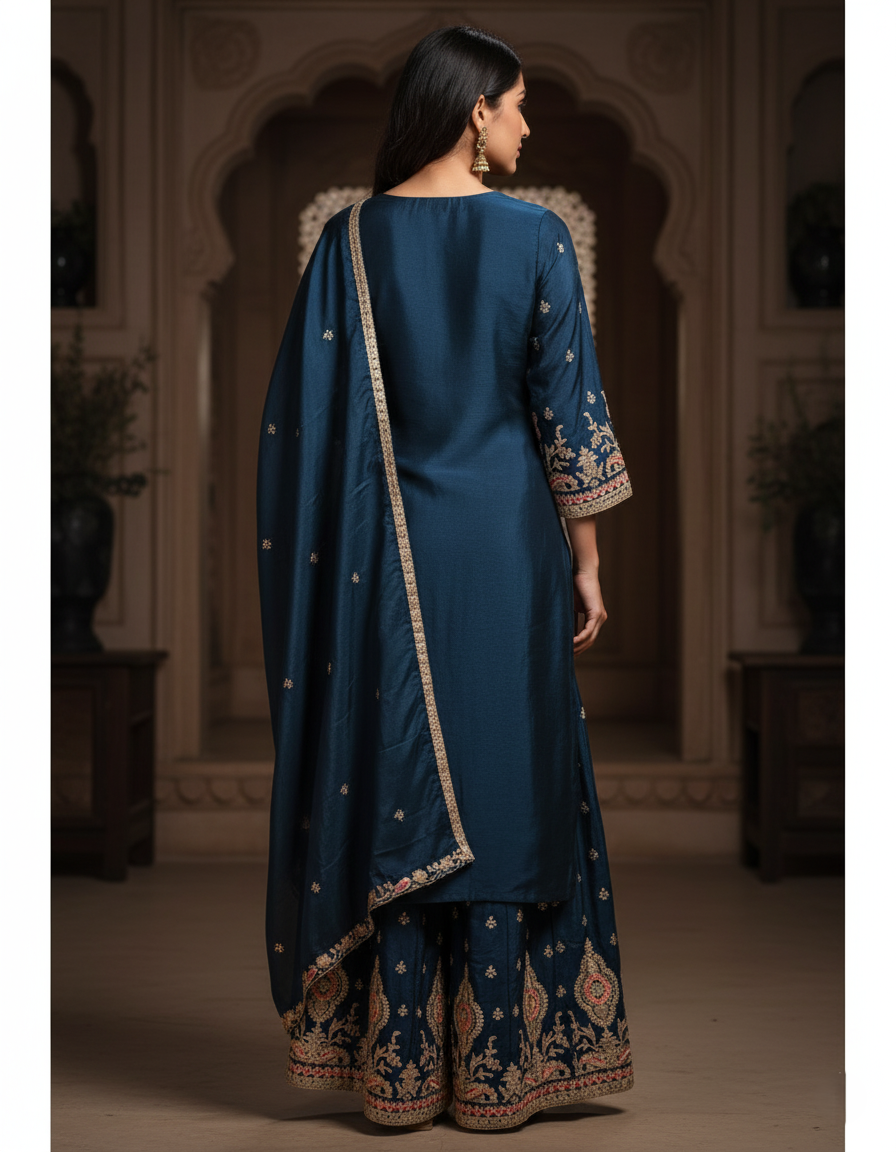 Premium Banarasi Georgette Designer Palazzo Suit, Heavy Zari Embroidery - Peacock Blue