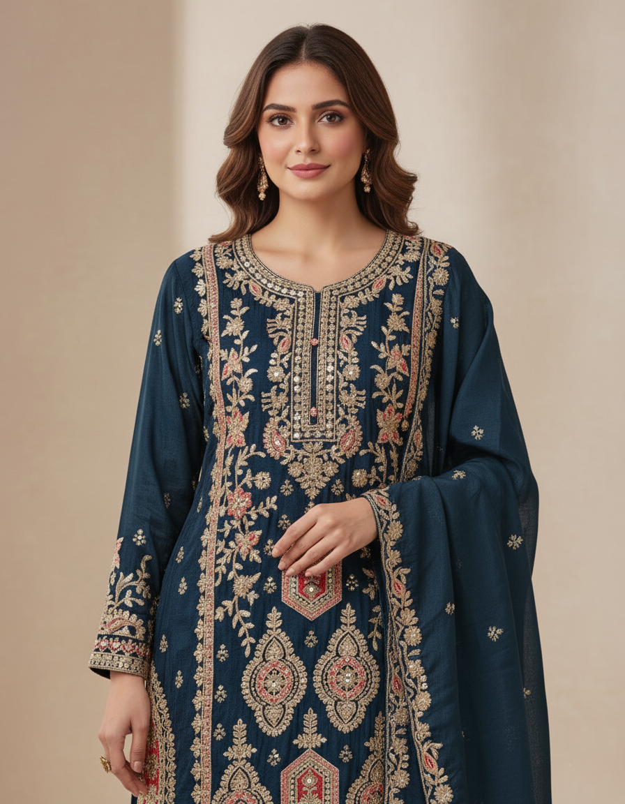 Premium Banarasi Georgette Designer Palazzo Suit, Heavy Zari Embroidery - Peacock Blue