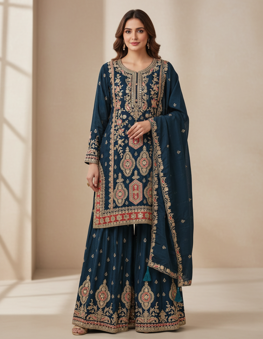 Premium Banarasi Georgette Designer Palazzo Suit, Heavy Zari Embroidery - Peacock Blue