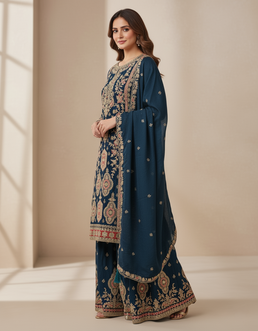 Premium Banarasi Georgette Designer Palazzo Suit, Heavy Zari Embroidery - Peacock Blue