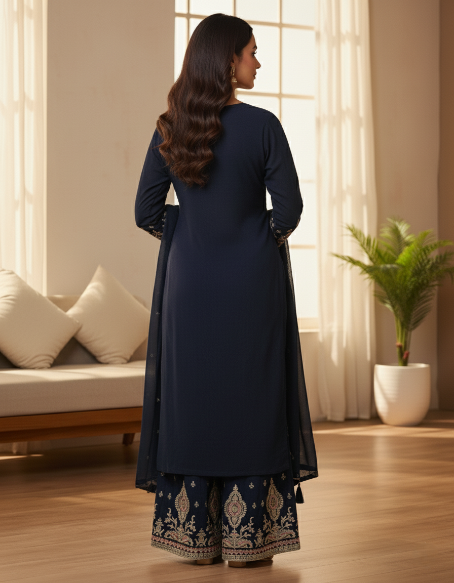 Premium Banarasi Georgette Designer Palazzo Suit, Heavy Zari Embroidery - Dark Blue