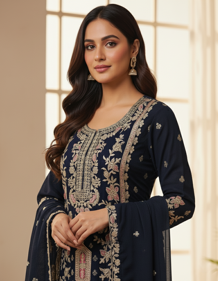 Premium Banarasi Georgette Designer Palazzo Suit, Heavy Zari Embroidery - Dark Blue