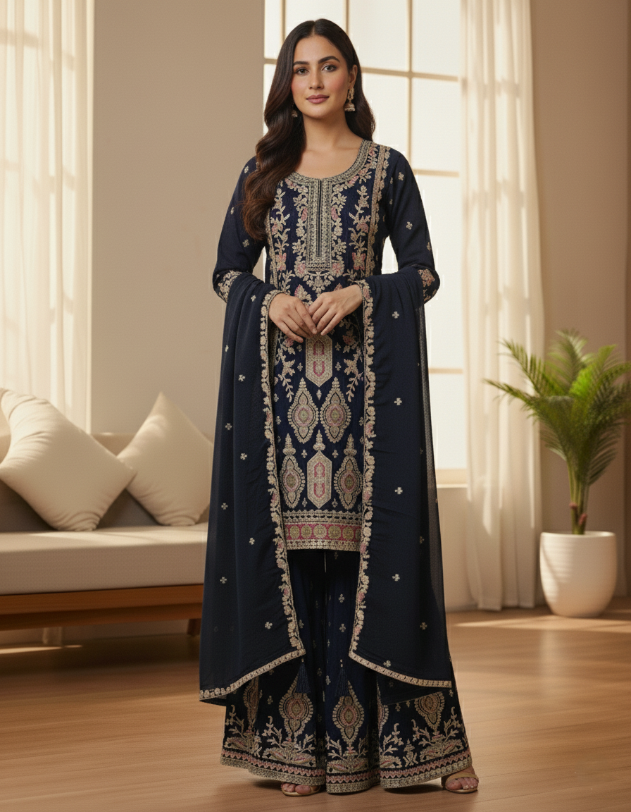 Premium Banarasi Georgette Designer Palazzo Suit, Heavy Zari Embroidery - Dark Blue