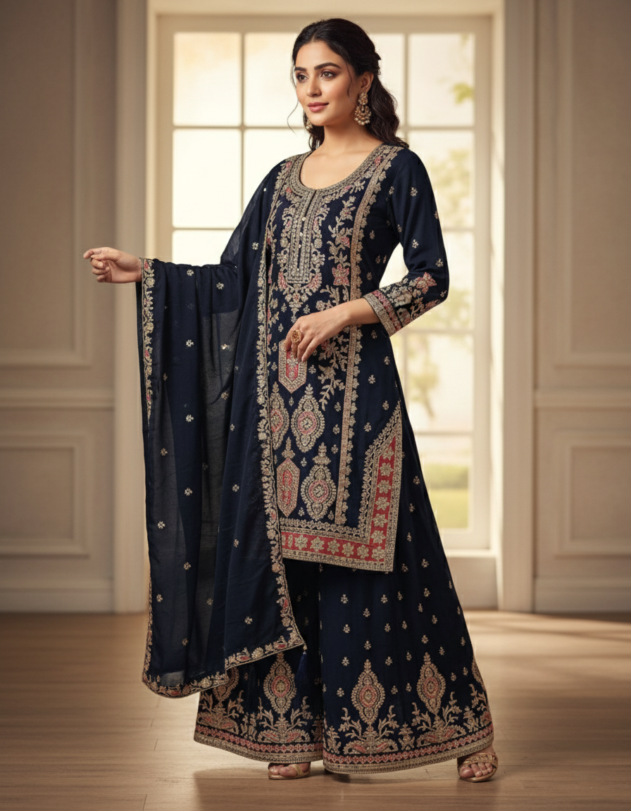 Premium Banarasi Georgette Designer Palazzo Suit, Heavy Zari Embroidery - Dark Blue