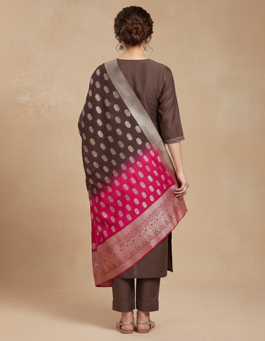 Premium Chanderi Jacquard Vertican Dobby Slub A-Line Kurti Set - Brown