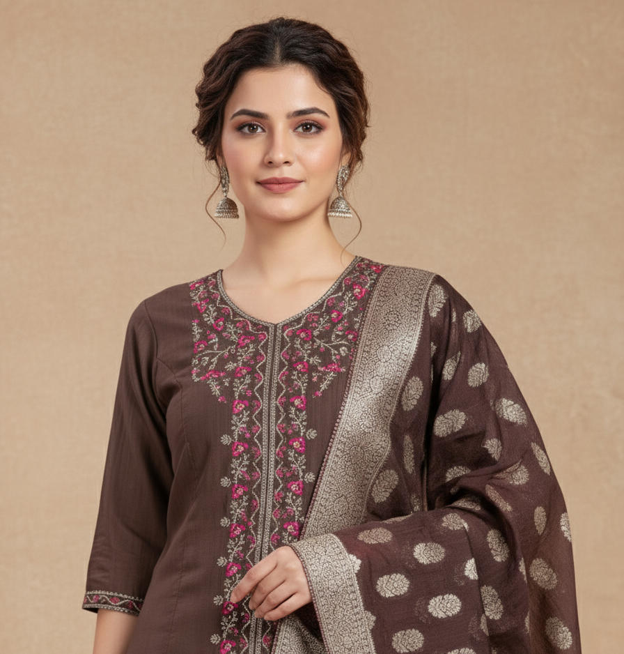Premium Chanderi Jacquard Vertican Dobby Slub A-Line Kurti Set - Brown