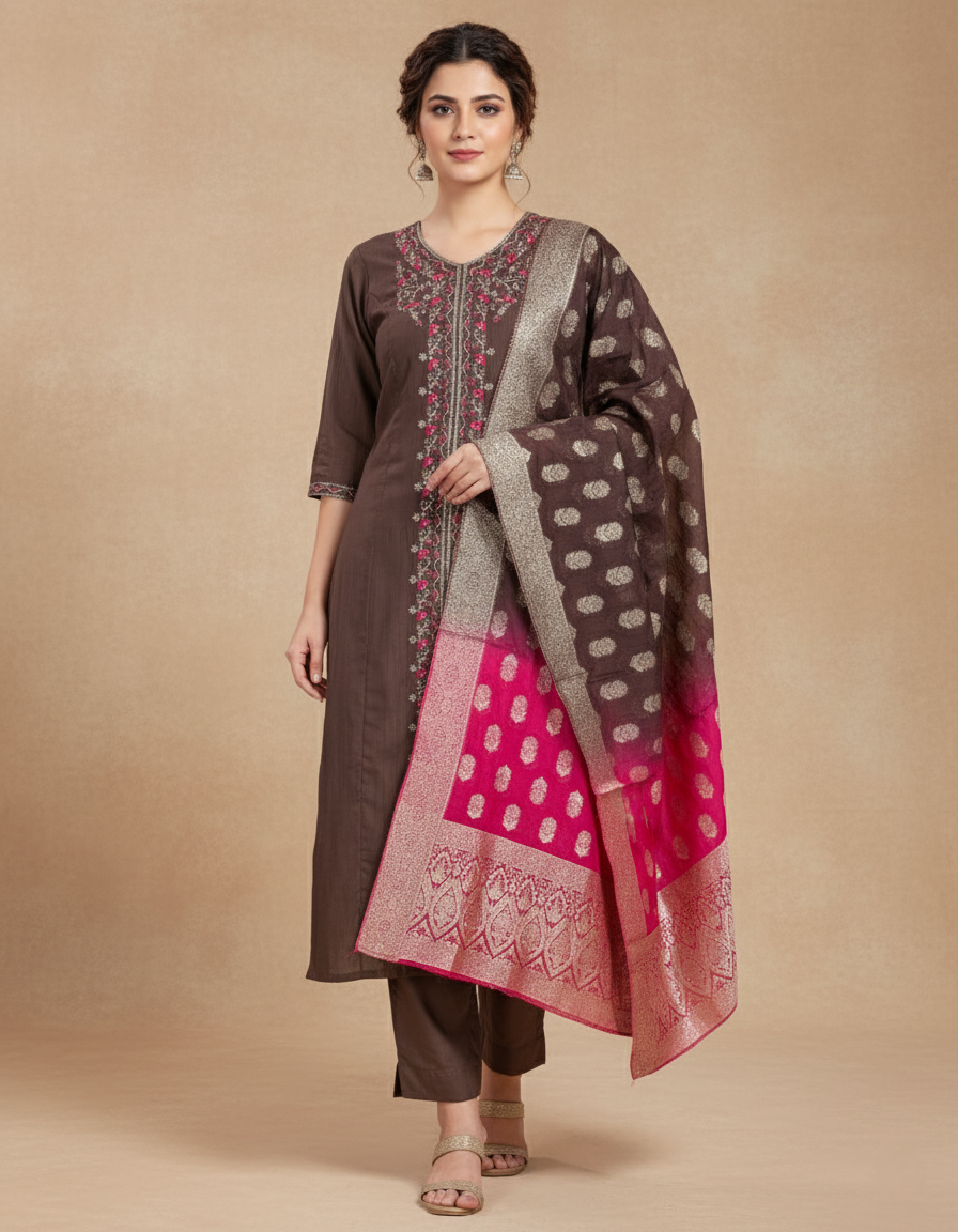 Premium Chanderi Jacquard Vertican Dobby Slub A-Line Kurti Set - Brown