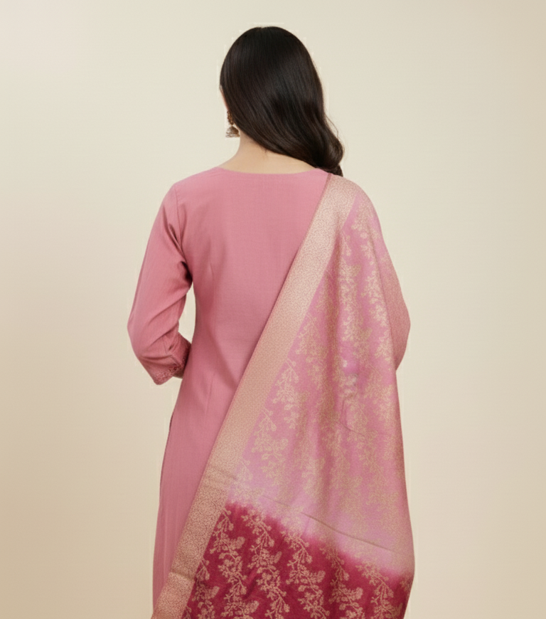 Premium Chanderi Jacquard Vertican Dobby Slub A-Line Kurti Set - Dusty Rose