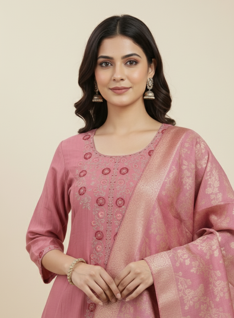 Premium Chanderi Jacquard Vertican Dobby Slub A-Line Kurti Set - Dusty Rose