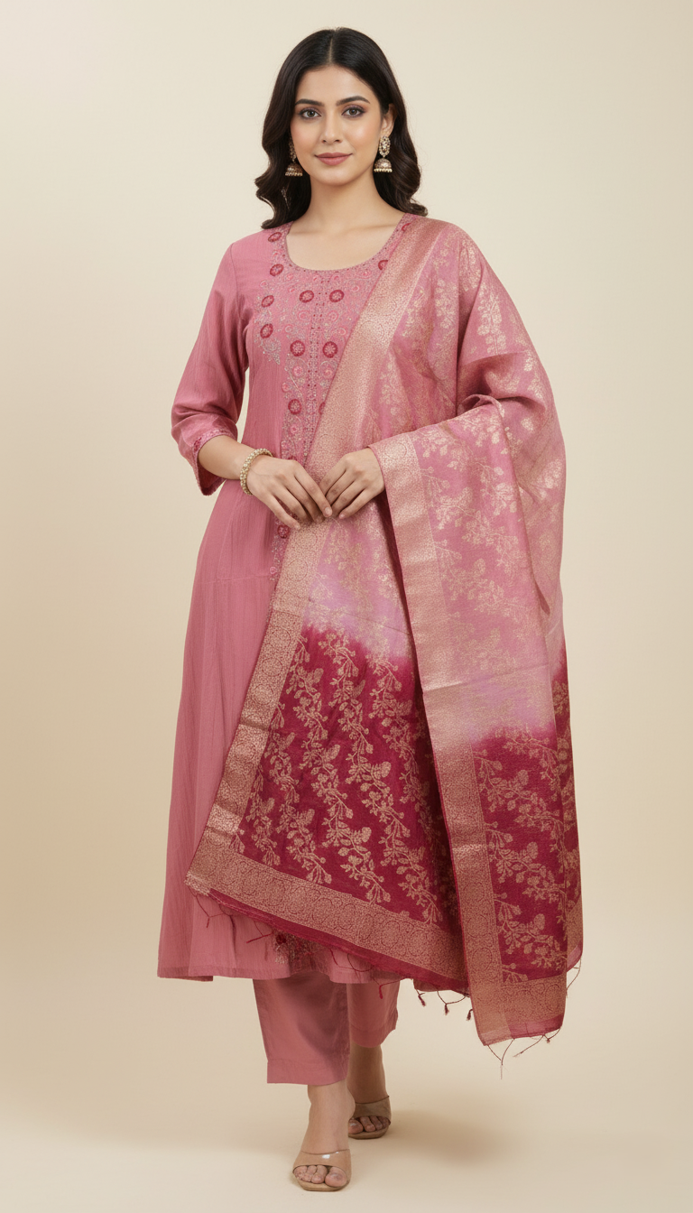 Premium Chanderi Jacquard Vertican Dobby Slub A-Line Kurti Set - Dusty Rose