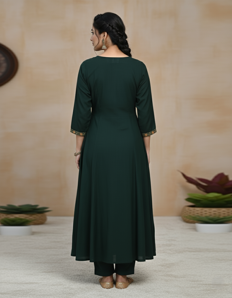 Premium Chanderi Jacquard Vertican Dobby Slub A-Line Kurti Set - Forest Green