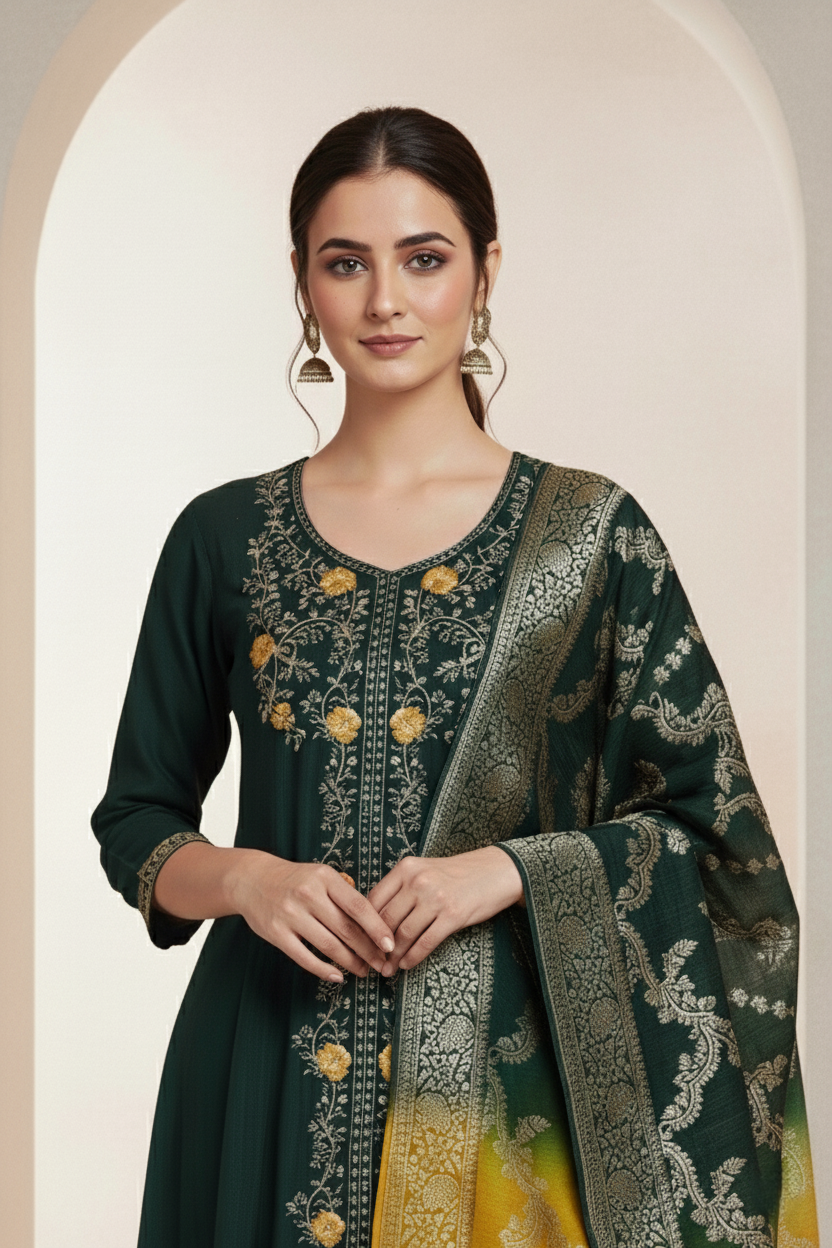Premium Chanderi Jacquard Vertican Dobby Slub A-Line Kurti Set - Forest Green